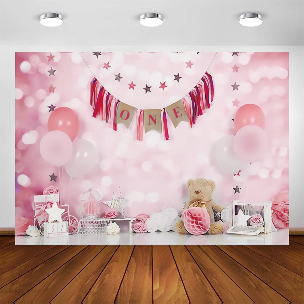 

Yeele Balloons Flags Girl Baby 1st Birthday Party Backdrop Photography Light Pink Theme Background For Photo Studio Photophone
