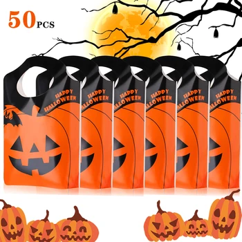 

50 PCS Halloween Tote Bags Pumpkin Bags Trick or Treat Bags Party Goody Tote Bags Gift Bag with Handles Party Favors Bags