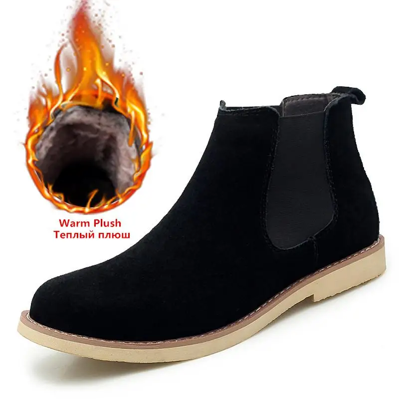 Новые зимние теплые плюшевые мужские ботинки «Челси» из замши высокого качества Нескользящие зимние ботинки ботильоны ручной работы большой размер 47 - Цвет: Plush Black