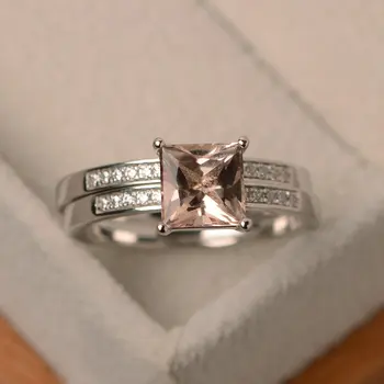 

New S925 Silver Inlaid Champagne Topaz Square Diamond Four Prong Ring Luxury Caibao Female Ring