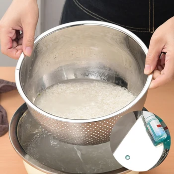 

With Side Drainer Stainless Steel Large Capacity Fruit Vegetables Practical Washing Bowl Kitchen Supplies Rice Sieve Durable