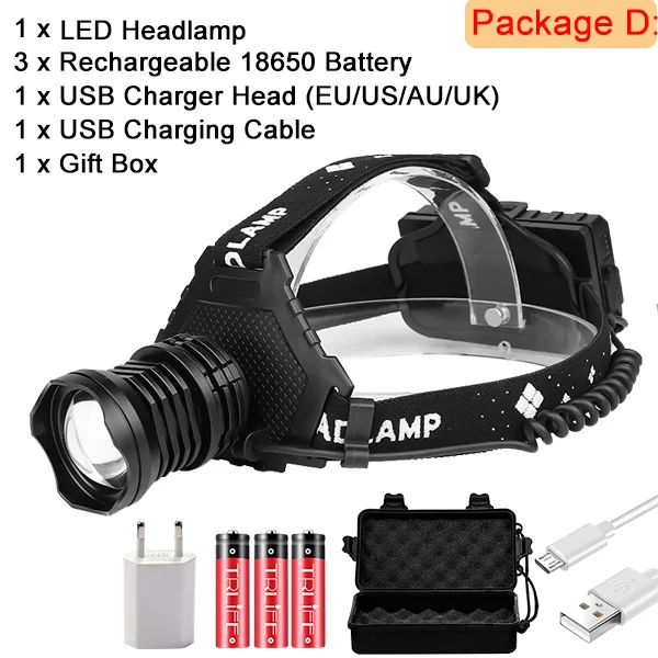Package D Реальный 6200LM XHP70 светодиодный налобный фонарь USB Перезаряжаемый XHP50 очень яркий фонарь Lanterna Водонепроницаемый внешний аккумулятор использовать 3x18650 - Испускаемый цвет: Package D