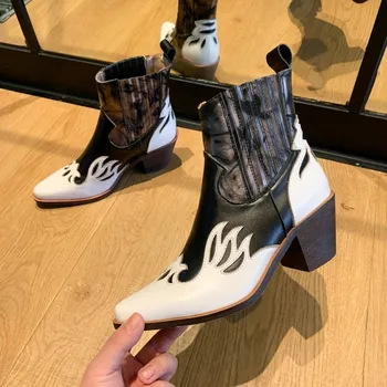 

US4-11 Womens Pointy Toe Match Colors Genuine Leather Ankle Boots Chunky Heel Chelsea Print Western Shoes Plus Size 5Colors