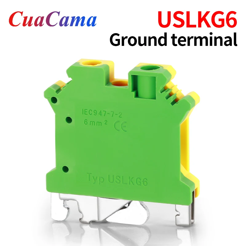 10 Pcs USLKG6 Din Rail Ground Terminal Block  Electrical Wrie Conductor Yellow Green Voltage Guide Connection USLKG-6