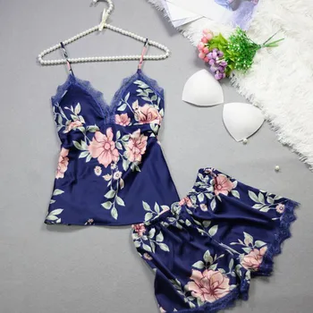 

Sleep Lounge Pajama Set Sexy Satin Sleepwear Women Summer Pyjama Femme Fashion Flower Pajamas for Women with Chest Pad