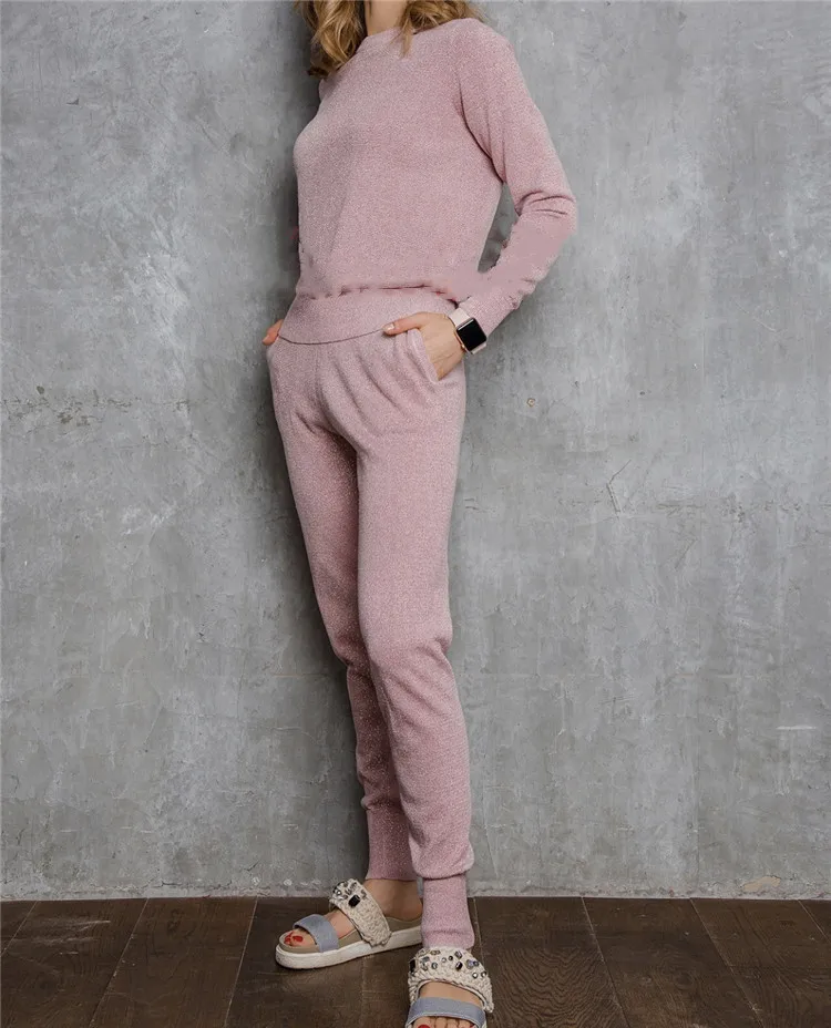 

2019 new women's knit 2 piece set gold thread round neck pullover sweater and casual trousers two sets of women's tide