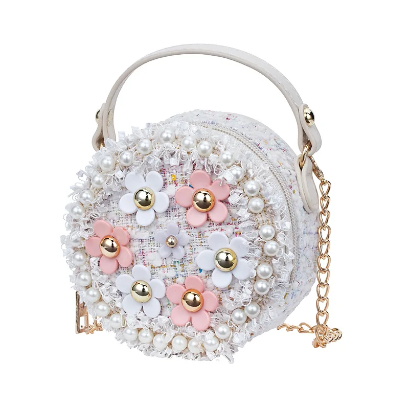 Toddler Kids Mini Chain Round Pearl Bag Baby Girls Pink Tweed Crossbody Bag Fashion Wool Flower Handbags for Teens PU Tote Purse (3)