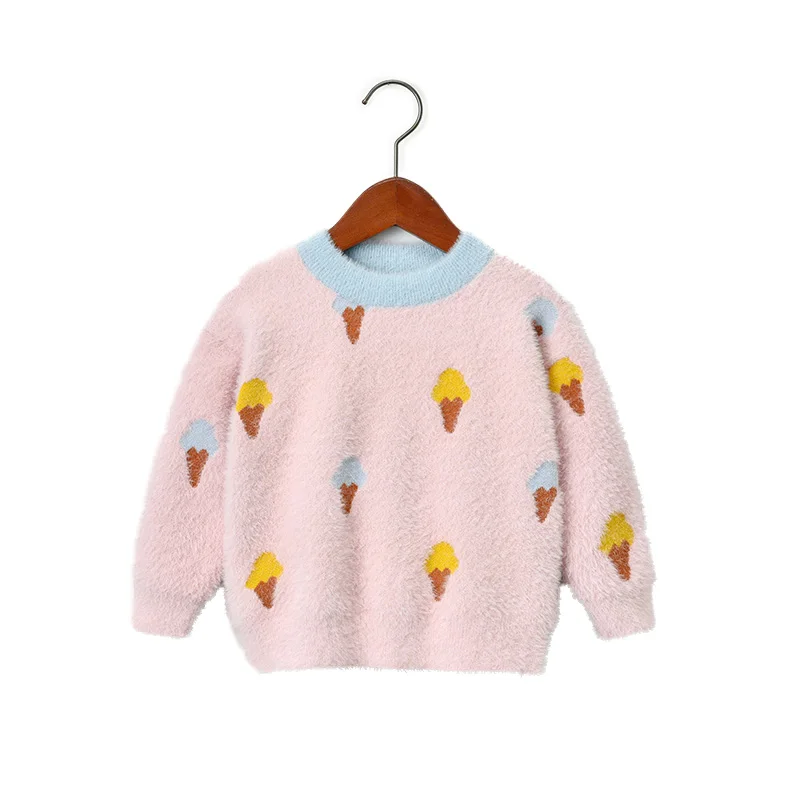 Розовый Children's sweater baby girl winter warm girl knitted thick clothes round neck pullover wool sweater imitation water velvet - Цвет: Розовый