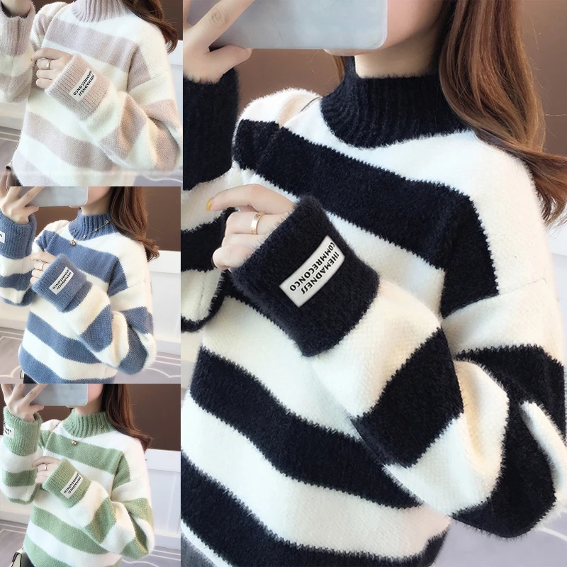 

Women Long Sleeves Half Turtleneck Knitted Sweater Stitching Contrast Pullover