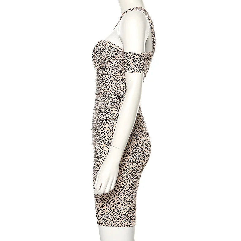 Криптографическое леопардовое платье для женщин, мини-платье на одно плечо с лямкой через шею, мода осень, облегающее вечерние платья с открытой спиной, сексуальное Клубное платье