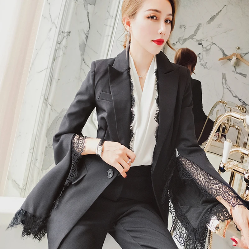 TWOTWINSTYLE элегантный корейский комплект из двух предметов для женщин лоскутный кружевной Блейзер брюки с высокой талией женский костюм осень мода