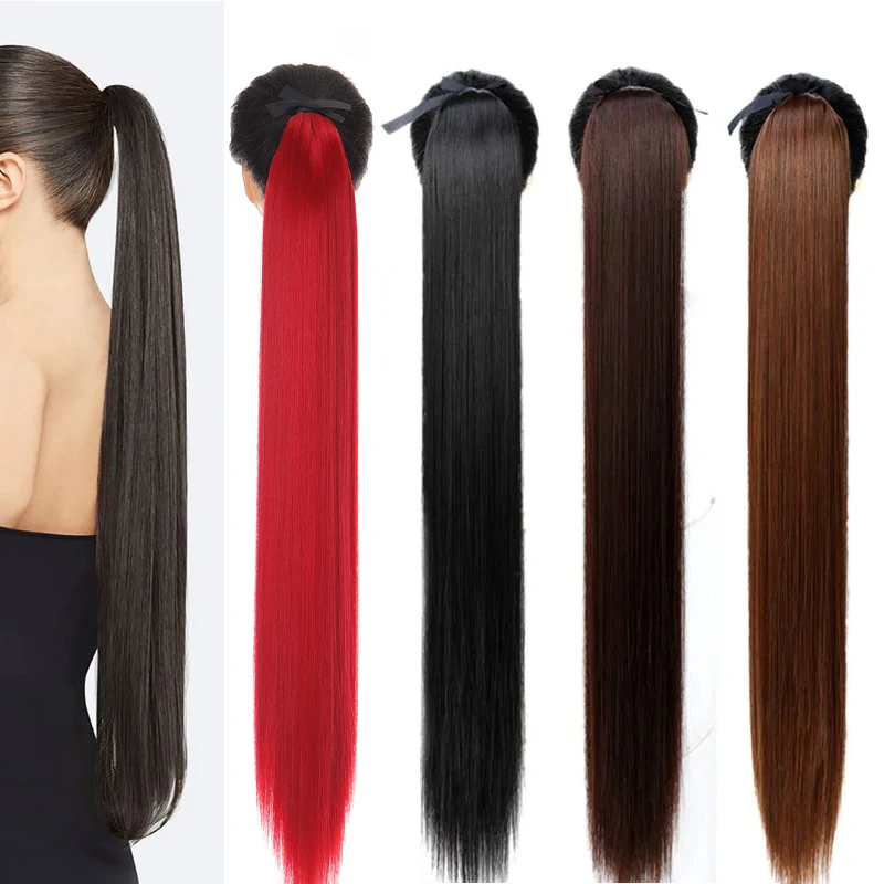 Ofertas Especiales Allaosify-coleta sintética lisa para mujer, accesorios para el cabello de 32 pulgadas, cola de caballo superlarga, peluca con vendaje, extensiones de coleta KjwnegVRoYp