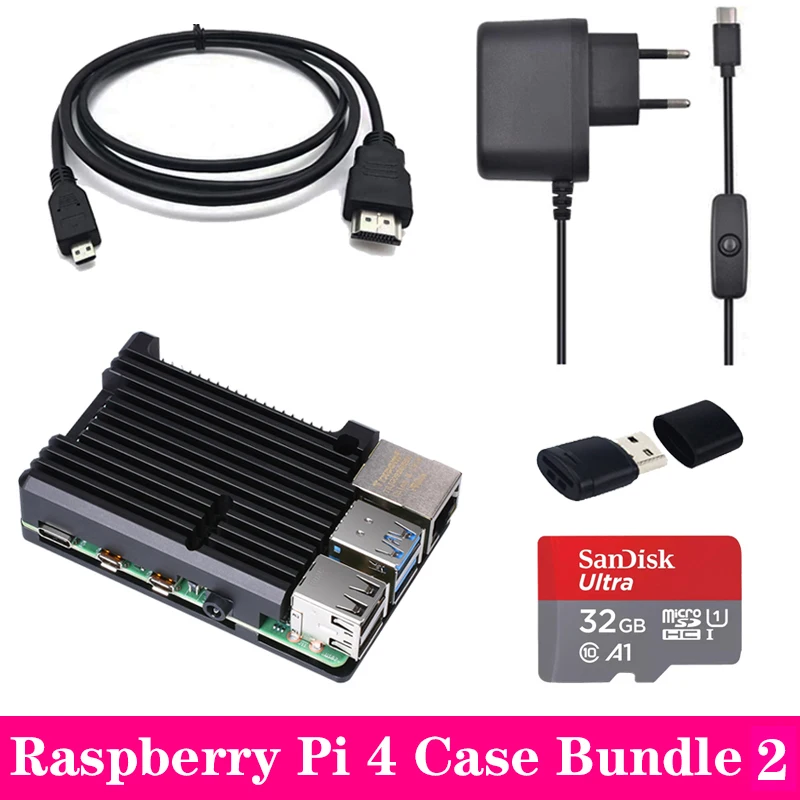 Raspberry Pi 4 Алюминиевый чехол корпус с адаптером питания Mini HDMI к HDMI кабель для Raspberry Pi 4 Модель B 4B