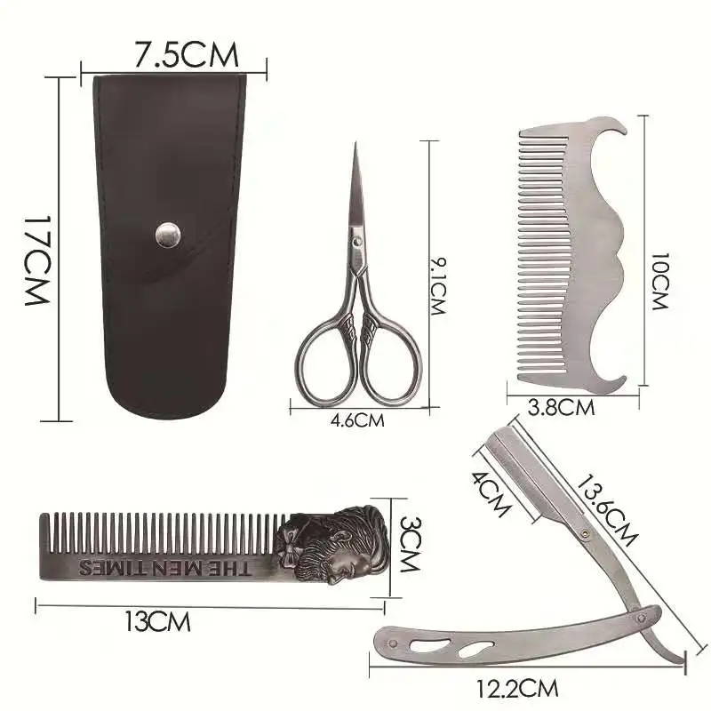 5 Pcs/set Beard Care Suit Stainless Steel Old Classic Razor PU Material Beard Styling Comb / Mini Trimming Scissors