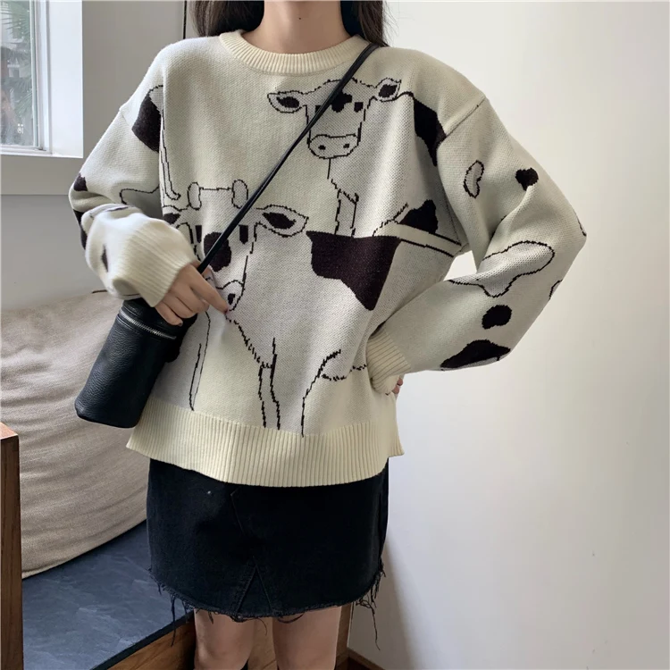 winter treasure farm cow sweater round neck autumn and winter new loose lazy knitted top