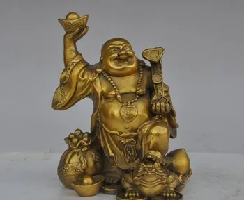 

YM 312 7"Chinese brass Wealth YuanBao money Bag spittor Maitreya Buddha Ru Yi Statue