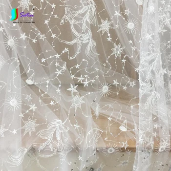 

Sew Diy Decorate Wedding Dress Doll skirt Material White Unicorn Curved Stripes,Sun and Star tulle White Embroidery Cloth A0413L