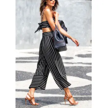 

New Fashion England Style Women Ladies Nine Length Stretchy Stripe Wide Leg Pants Casual Loose Pant For Women