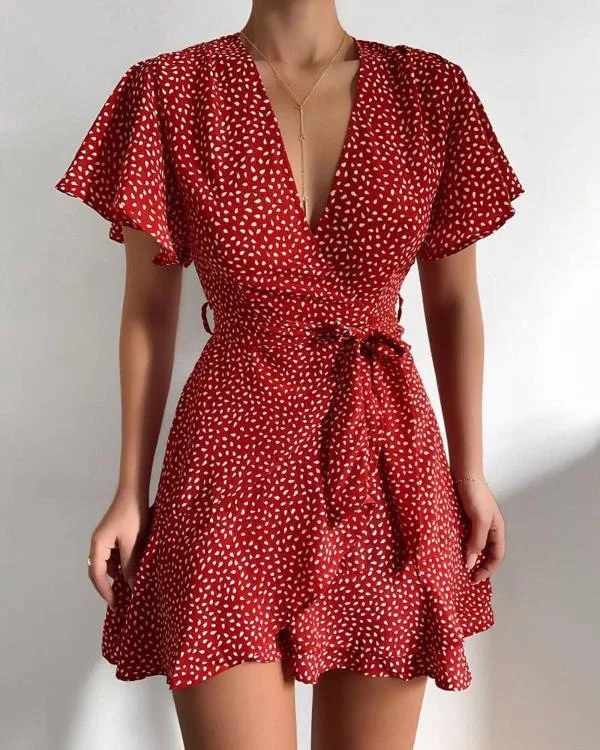 Vestido de verano de lunares con estampado Floral, Manga mariposa, escote en V, cintura alta, Vintage, rojo, 2021