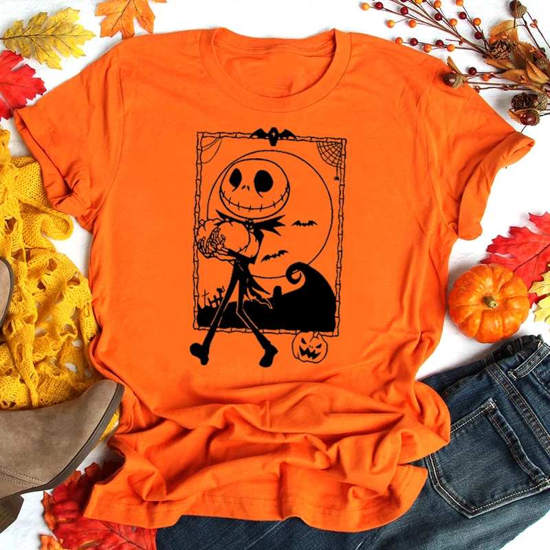

Halloween Festival T-shirts Cotton Casual Women Summer Short Sleeve Tshirts Pumpkin Skeleton Print Harajuku Tops Tees Drop Ship