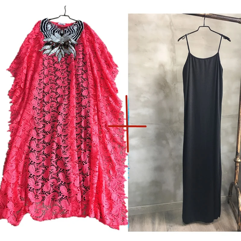 Watermelon red 2pcs Супер размер африканские платья для женщин Дашики бубоу Мода водорастворимые кружева свободная юбка бисером вышивка длинная - Цвет: Watermelon red 2pcs