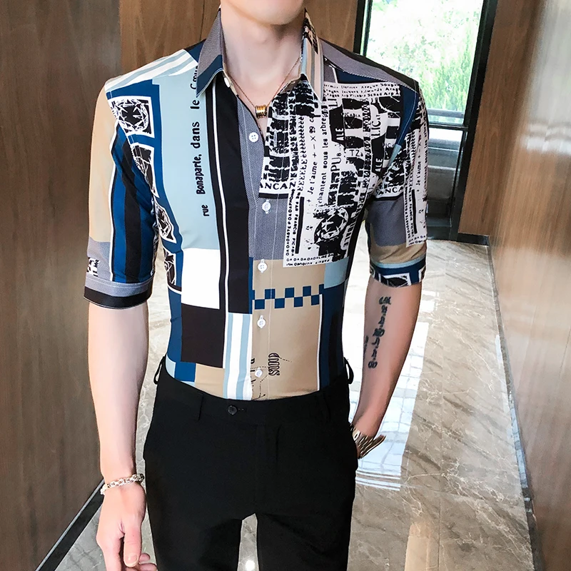 

Рубашки мужские под смокинг, приталенная рубашка, уличная одежда, Camisa Social Masculina, английская Мужская рубашка с принтом и коротким рукавом, дизайнерская рубашка для ночного клуба