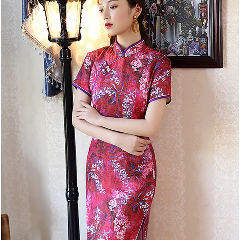 Весна-лето новые элегантные Qipao с коротким рукавом в стиле ретро шифоновые женские платья китайский стиль девушка Сплит Тонкий Cheongsam