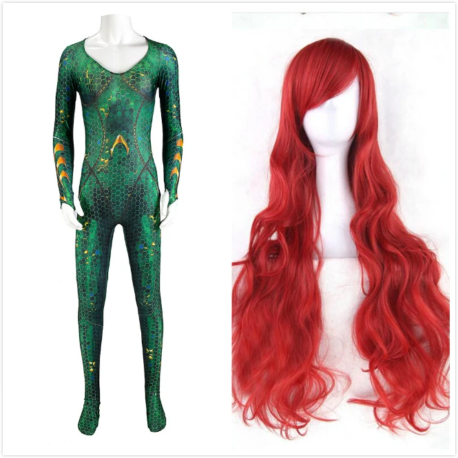 Mera боди костюм высокое качество королева Mera костюмы с париком Zentai комбинезон жена супергерой Аквамен боди нарядное платье - Цвет: Costume wig