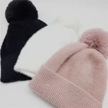 Женская однотонная пушистая шапочка с подходящим искусственным меховым помпоном для девочек, Плюшевые Вязаные шапки розового цвета, белые, черные, горчичные, ржавчины, теплые зимние шапки