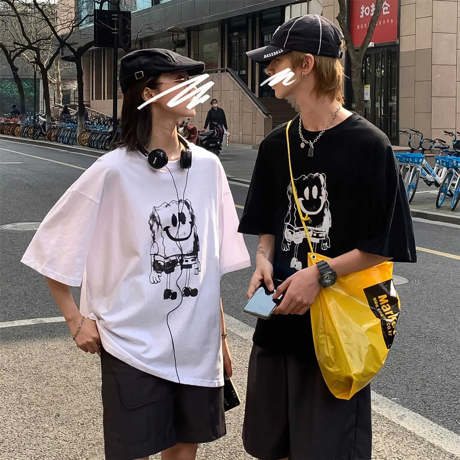 

Plain Spongebob Printed Couple Clothes Summer Casual Blouse Anime T Shirt for Mens Short Sleeve Clothing Black Streetwear
