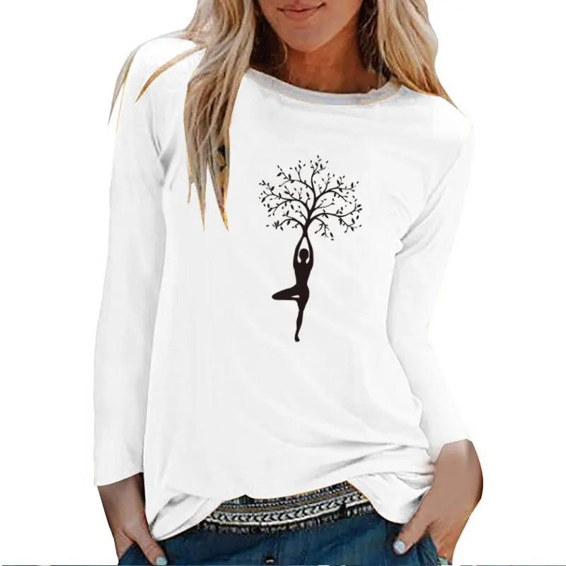 Camisetas de manga con estampado árbol para mujer, Camisetas estampadas algodón para mujer, Tops blancos con cuello redondo para mujer - AliExpress de mujer