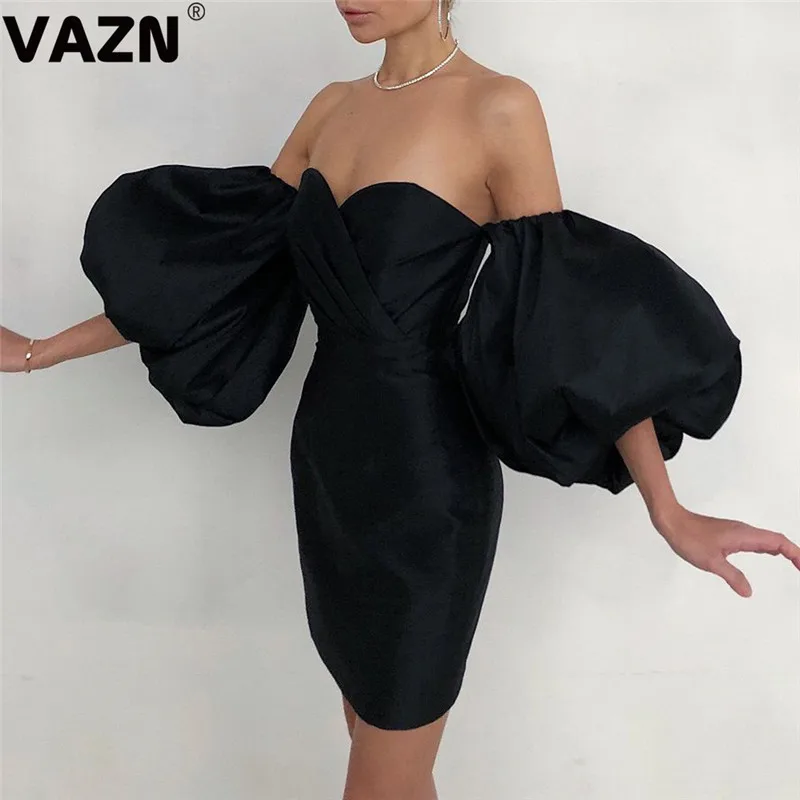 VAZN популярное сексуальное Клубное необычное модное однотонное платье без бретелек с коротким пышным рукавом и открытой спиной для девушек с высокой талией тонкое мини-платье