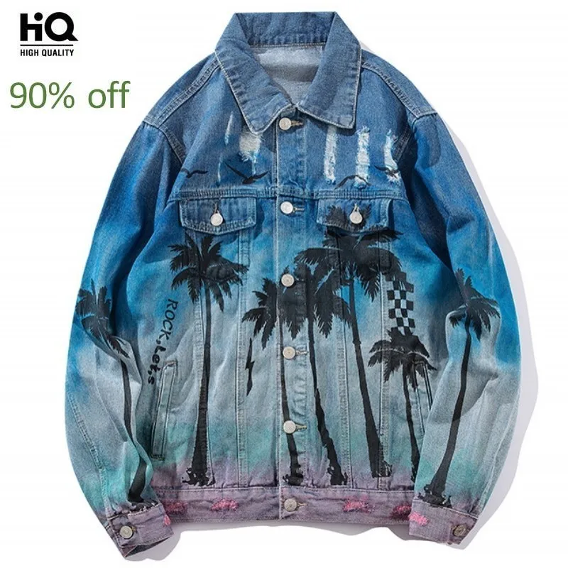 

Fashion Loose Denim Jacket Vintage Bomber Jacket Ripped Holes Sea Beach Coconut Tree Men Hip Hop Jeans Jacket Streetwear Coat
