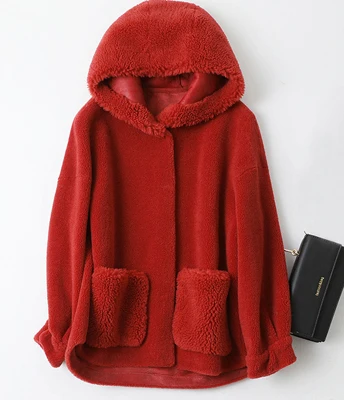 red Новинка, пальто для стрижки овец с большой шапкой, Женская куртка из натурального овечьего меха, шерстяное пальто, большие размеры, F1134 - Цвет: red