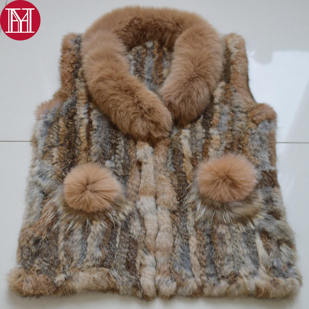 

New Style Luxury Women Real Rabbit Fur Gilet Real Genuine Rabbit Fur Knitted Vests Coat Quality Real Fox Fur Collar Waistcoat