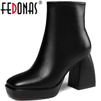 

FEDONAS Concise Side Zipper Women Ankle Boots Genuine Leather Platform High Heels Boots Boots Newest Prom Party Shoes Woman