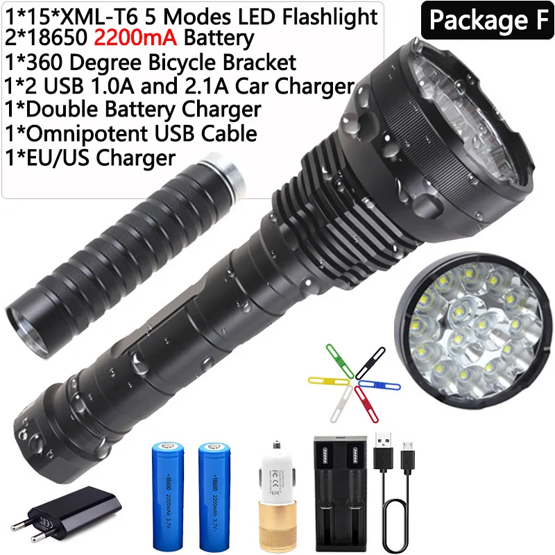 Package F Мощный светодиодный фонарик с батареей 8800mA, высокая мощность, 15 x XM-T6, XHP70.2, 5 режимов, Электрический дисплей, фонарь, водонепроницаемый - Испускаемый цвет: Package F
