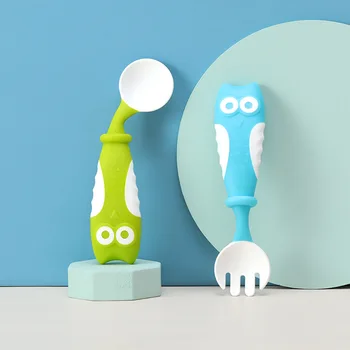 

2Pcs Owl Bendable Baby Spoon Fork Set Kids Cutlery Toddler Feeding Training Utensils Baby Gadgets