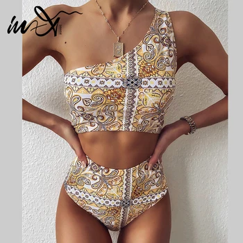 

In-X Vintage high waist bikinis 2020 woman Sexy one shoulder swimsuit female print swimwear women bathing suit swim suit bathers