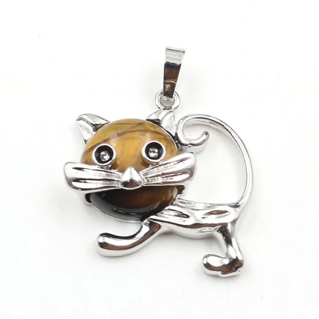 tiger eye Подвеска в виде Милого Животного кота, натуральный камень, кристалл, круглая розовая бусина, розовый Quartzs, исцеляющее ювелирное изделие для женщин, ожерелья для девочек - Окраска металла: tiger eye
