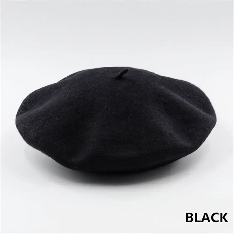 Винтажный простой берет, шапка бини, шапка во французском стиле для женщин и девочек, шерстяная теплая зимняя шапка, женские шапки, шапка уличной моды - Цвет: Black