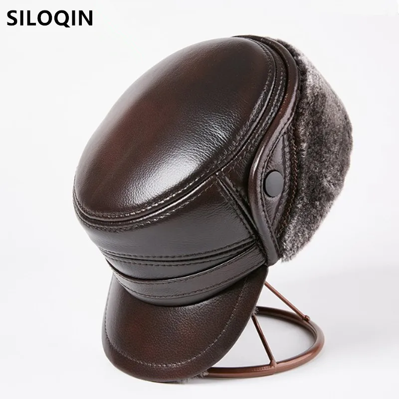SILOQIN Men's Winter Bomber Hats Natural Genuine Leather Caps for Men gorras Fur Warm Earmuffs Hat Anti-cold Cowhide Leather Cap winter hat,fashion hat,fur hat,earflap hat