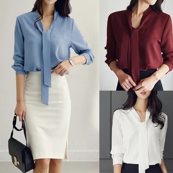 

Female Blouses Leisure Chiffon Shirt Office Lady Vintage Tops Blusas Spring Autumn Blouse Women Long Sleeve Bow Tie Shirt
