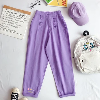 

Korean Embroidery Harajuku Pants Women Streetwear High Waist Kawaii Cargo Trousers Patch Leisure Loose Button Pants