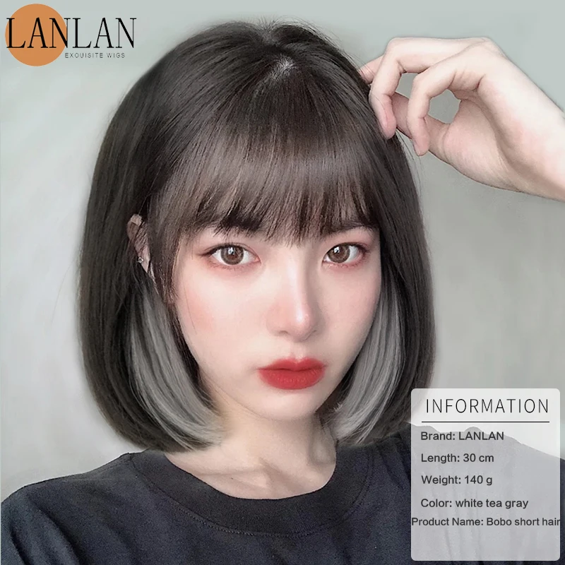 LANLAN-Peluca de cabello sintético para mujer, pelo natural de simulación, liso, con orejas colgantes teñidas, pelo medio y largo