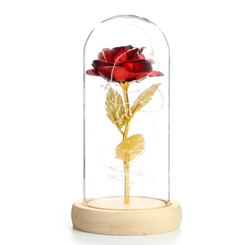 

HOT Beauty And The Beast Gold-plated Red Rose With LED Light In Glass Dome For Wedding Party Valentine's Day Christmas Day Gift
