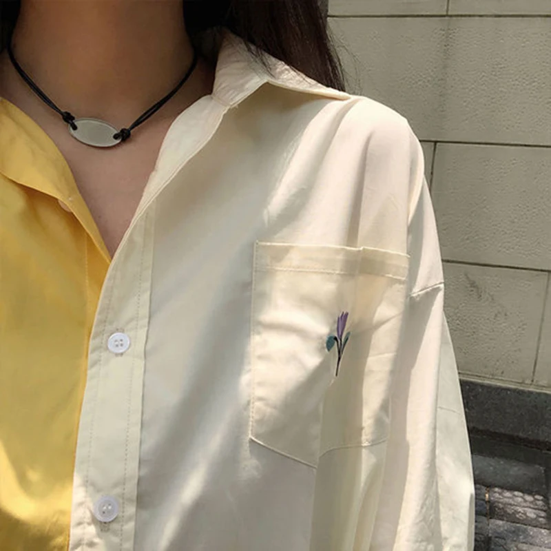Весенние корейские модные женские свободные рубашки с вышивкой в стиле пэчворк, Длинные Топы с отложным воротником, женские блузки из хлопка D528