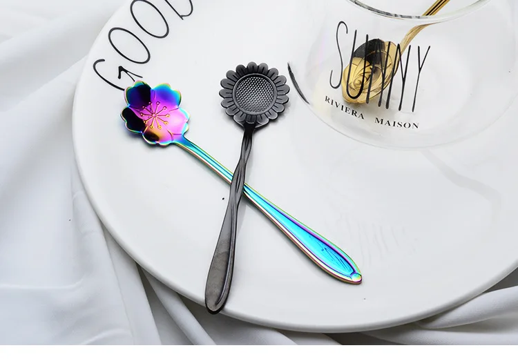 304 Stainless Steel Flower Spoon Sub-Cherry Blossom Rose Sunflower Colorful Titanium Plated Gold Purple Tableware Dessert Spoon