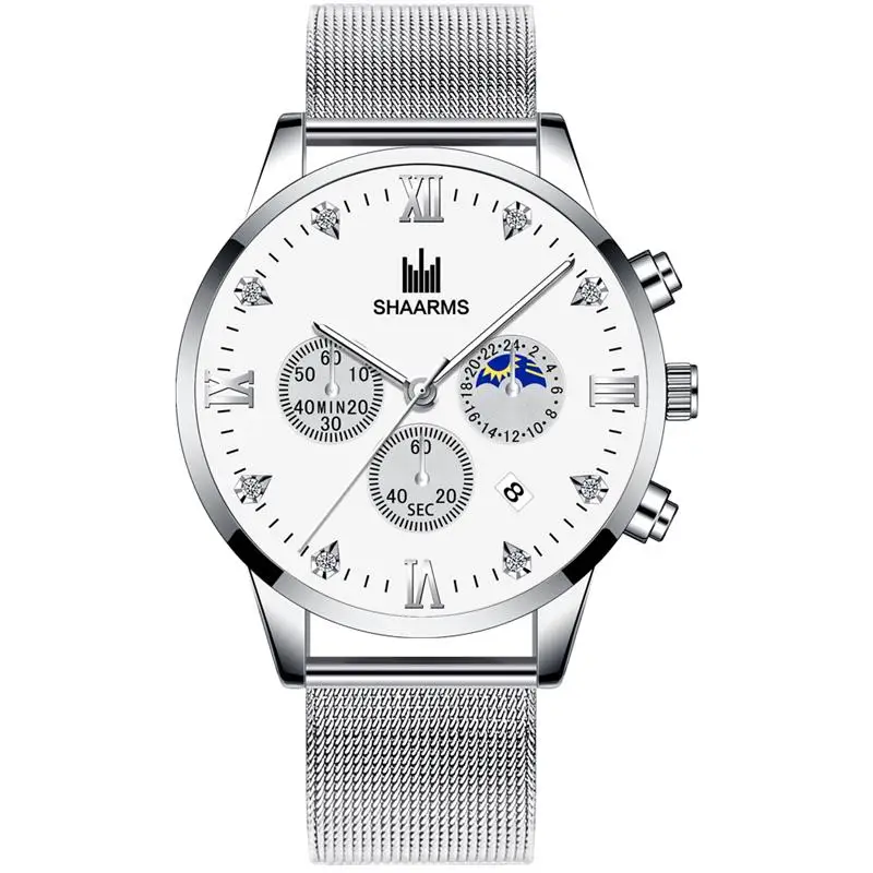 

SHAARMS Men Roman Number Daimond Watch Luxury Mesh Band Stainless Steel Quartz Wristwatch Male Fashion Business Watches