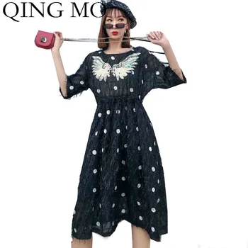 

QING MO Black Women Dot Printed Dress 2020 Women Wing Printed Dress With Tassel Female Adjustable Waist Dress ZQY3435